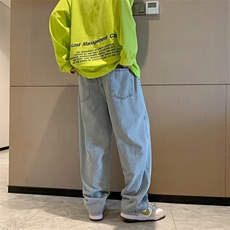牛仔裤男宽松直筒港风ins潮流阔腿坠感拖地休闲长裤秋季N001-P36，男装牛仔裤，星座1008-1