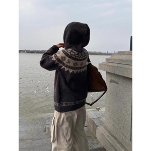 网图有货 美式费尔岛牛角扣连帽毛衣开衫针织外套男女 A1036-P58图片