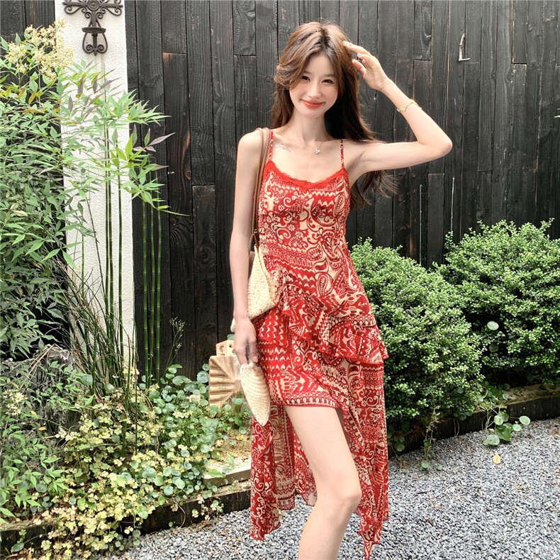 法式不规则度假风复古连衣裙女2025夏季新款设计感时尚显瘦吊带裙,女装连衣裙,2C167