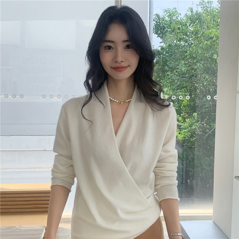 2025秋冬百搭时尚简约交叉长袖针织衫,女装羊绒衫,玛卡隆羊绒