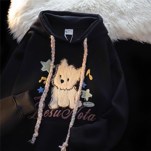 5566-P48美式新款慵懒chic彩虹小狗宽松百搭情侣连帽卫衣图片