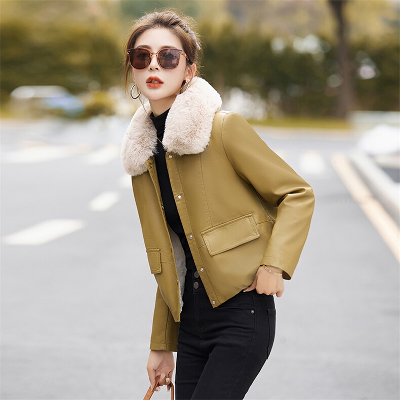 2023年冬季新款加绒保暖毛领可拆卸休闲皮毛一体短外套，女装短外套，臻衣坊