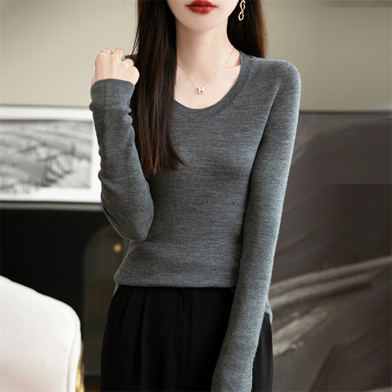 圆领针织衫女薄款修身上衣设计感小众打底衫2024新款低领羊毛内搭，女装羊毛衫，朝思羊绒