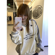 【有货】N828CC-特P46徽章V领撞色拼接美式重磅运动卫衣男女，男装卫衣，星座1007（原301D）