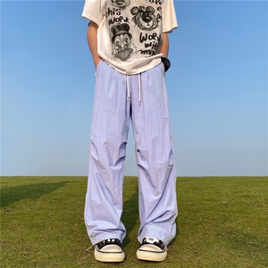 机能风冲锋裤垂感褶皱冰丝裤男夏季薄款宽松直筒工装休闲伞兵长裤图片