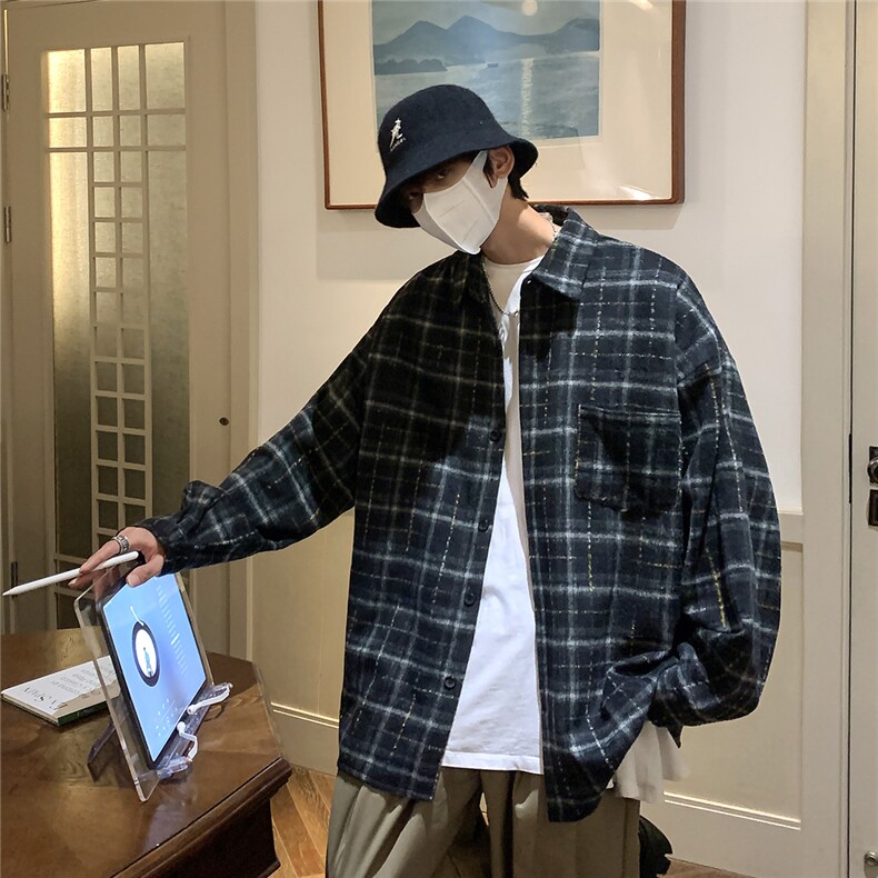 2025春秋季格子衬衫男潮流港风帅气厚款衬衣外套上衣DX131P55,男装衬衫,电商B413-1