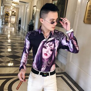 2021春秋衬衫社会男长袖上衣印花男装韩版修身四季潮流衬衣Q624-P55图片