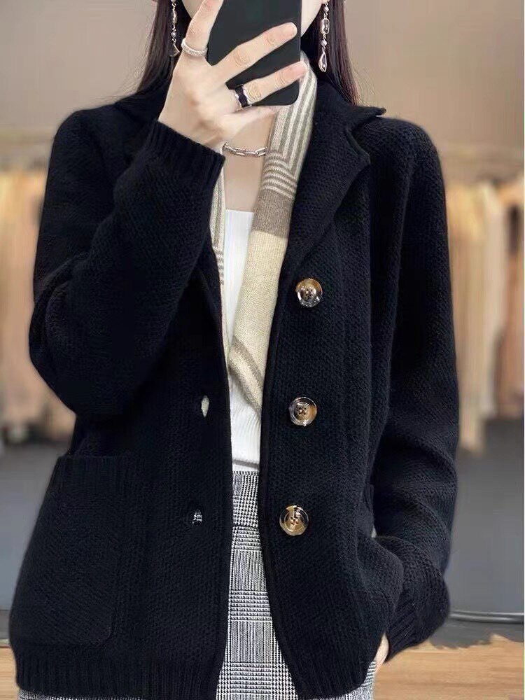 35%羊绒西装领羊绒开衫女重磅加厚宽松慵懒风针织外套，女装羊绒衫，以美红杉羊绒
