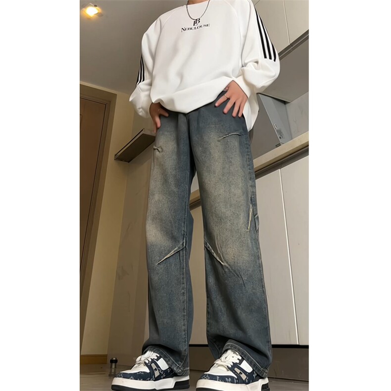 复古蓝微喇牛仔裤男款春秋季2025新款美式潮牌高街褶皱设计感长裤,男装牛仔裤,星座515