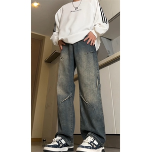 复古蓝微喇牛仔裤男款春秋季2025新款美式潮牌高街褶皱设计感长裤图片