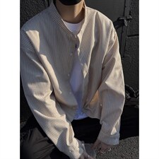 1506/QC660/P40黑白竖条纹衬衫男高级亨利领衬衣宽松痞帅长袖外套，男装衬衫，星座1506
