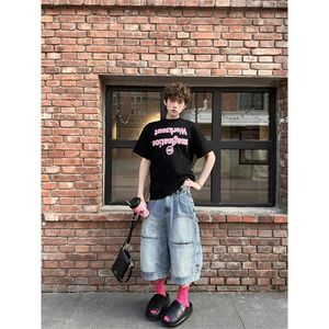 现货~美式高街工装牛仔短裤男复古宽松直筒中裤七分裤A3125-特P45图片