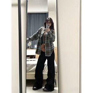 美式复古磨毛格纹长袖衬衫女2024秋宽松衬衣显瘦翻领气质百搭外套图片