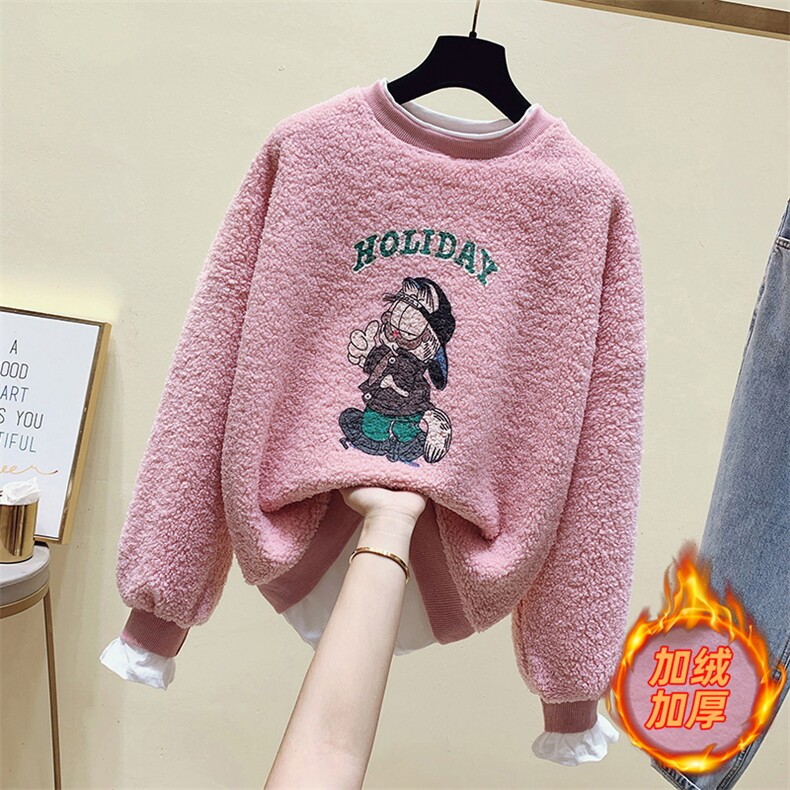 3208秋冬卡通印花假两件宽松套头羊羔毛复合加绒卫衣女加厚外套潮,女装卫衣/绒衫,潮品会