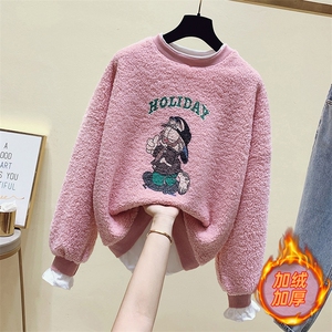 3208秋冬卡通印花假两件宽松套头羊羔毛复合加绒卫衣女加厚外套潮图片