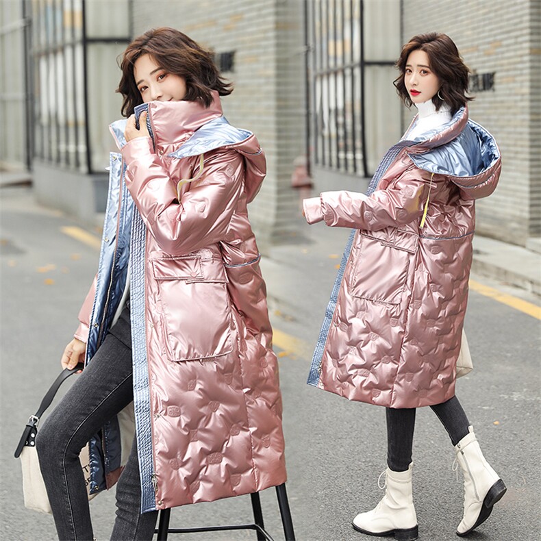 粉色亮面羽绒服女中长款2020冬季新款韩版白鸭绒连帽时尚加厚外套,女装羽绒服,笃写