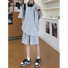 两件套设计感结构铆钉肩短袖T恤套装男宽松穿搭25XZ80066特批55，男装T恤，电商A042