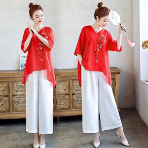 2021夏季新款简约文艺复古刺绣休闲舒适棉麻两件套,女装套装/套裙,韩宇舍
