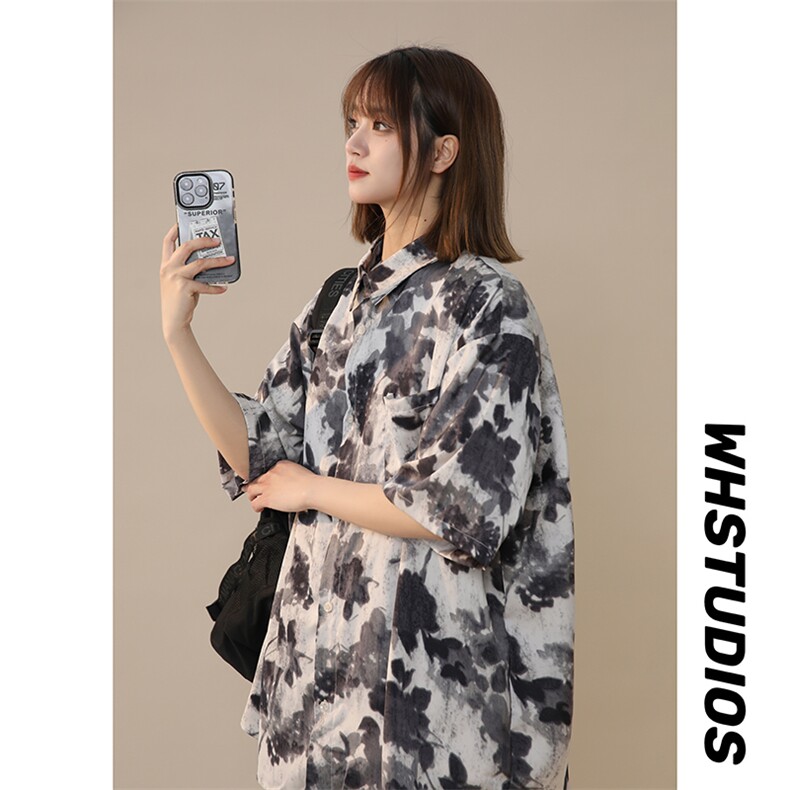 新中式风小众设计扎染水墨冰丝短袖衬衫225-2-CS805-P38控55，男装T恤，星座225-2