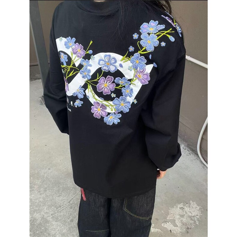 潮美式重工刺绣花卉长袖卫衣女春秋薄款街头设计感情侣潮牌上衣图片