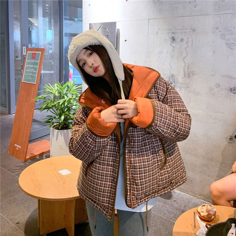 两面穿格子设计感棉服2025冬女短款宽松加厚学生棉衣外套,男装棉衣,星座1210-1