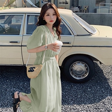 泡泡袖气质名媛V领连衣裙女夏季2025新款高级感收腰显瘦天丝长裙，女装连衣裙，浙宝305