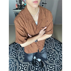 咖色镂空提花衬衫男夏季潮牌雅痞高级感古巴领衬衣t恤vintage半袖，男装T恤，星座506A
