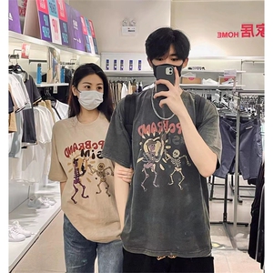 抖音得物供货 240克重磅现货宽松美式纯棉水洗做旧印花T恤ATSX11图片