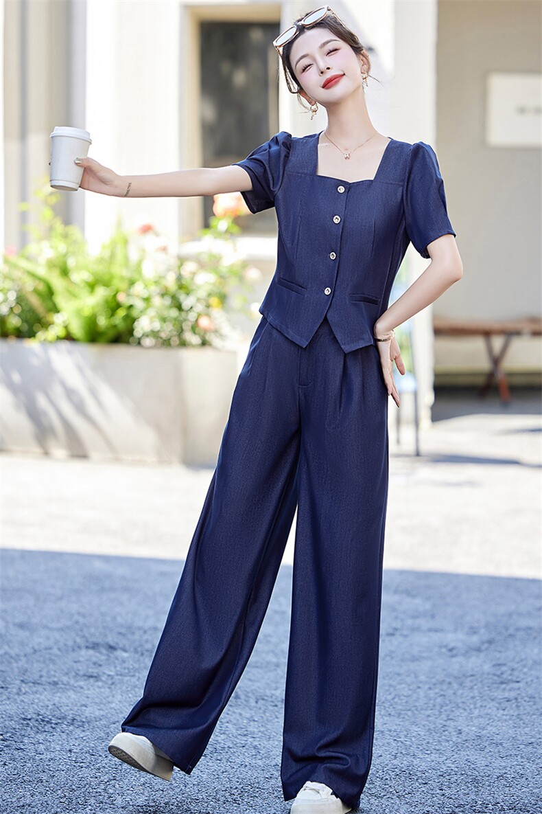 天丝牛仔休闲套装女2025夏新款气质方领短袖上衣高腰阔腿裤两件套,女装套装/套裙,众宇琦