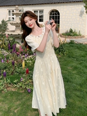 夏季新品！树叶刺绣花度假风连衣裙85108白-208A-P130-K250，女装连衣裙，浙宝208A