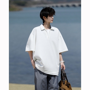 8XL-M假两件V领短袖t恤男夏翻领半袖宽松重磅华夫格大码DT001P40图片