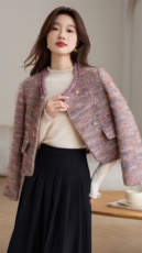 粗花毛呢小外套超短款外搭加棉女装上衣通勤气质小香风裙裤百搭款，女装毛呢外套，婵米儿