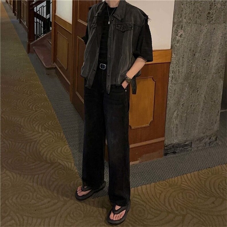 烟灰色牛仔背心马甲外套男女款秋季日系简约宽松工装复古马夹坎肩,男装背心/马甲,星座506A