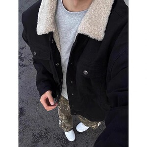 羊羔绒翻领加绒加厚牛仔外套男女款冬季保暖工装棉衣美式复古夹克