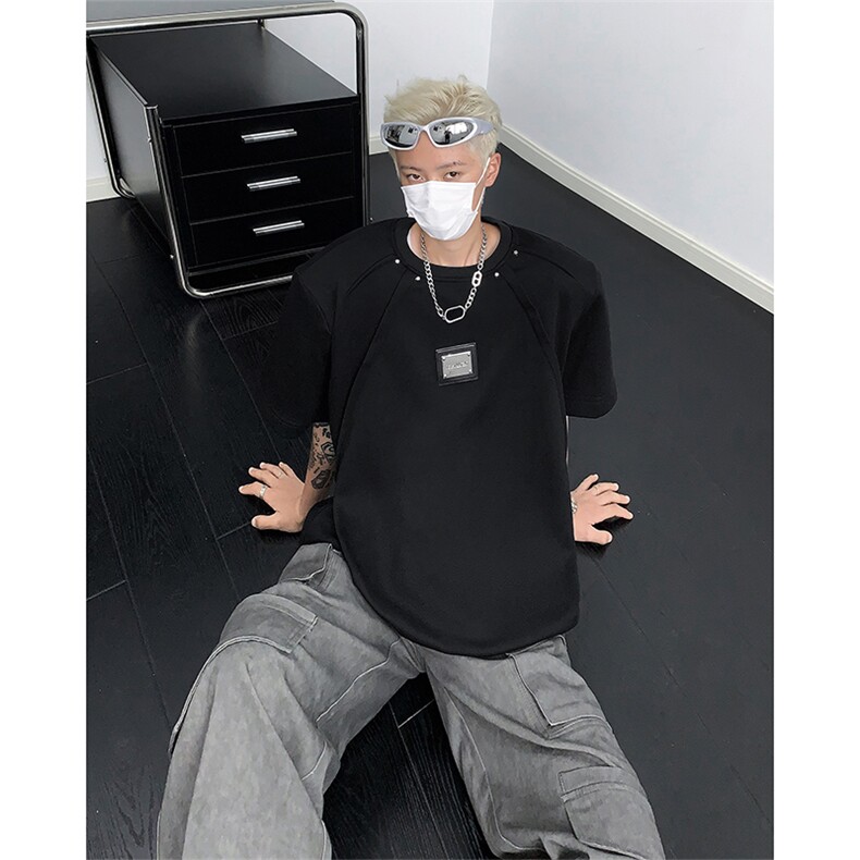 美式高街小众结构金属设计感廓形圆领宽松垫肩短袖T恤TX1123P68,男装T恤,星座512-1（原513-3）