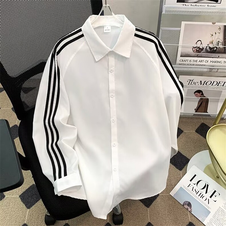三条杠长袖衬衫女男款春季宽松学院风百搭休闲衬衣外套LS112P36,男装衬衫,星座1013-5