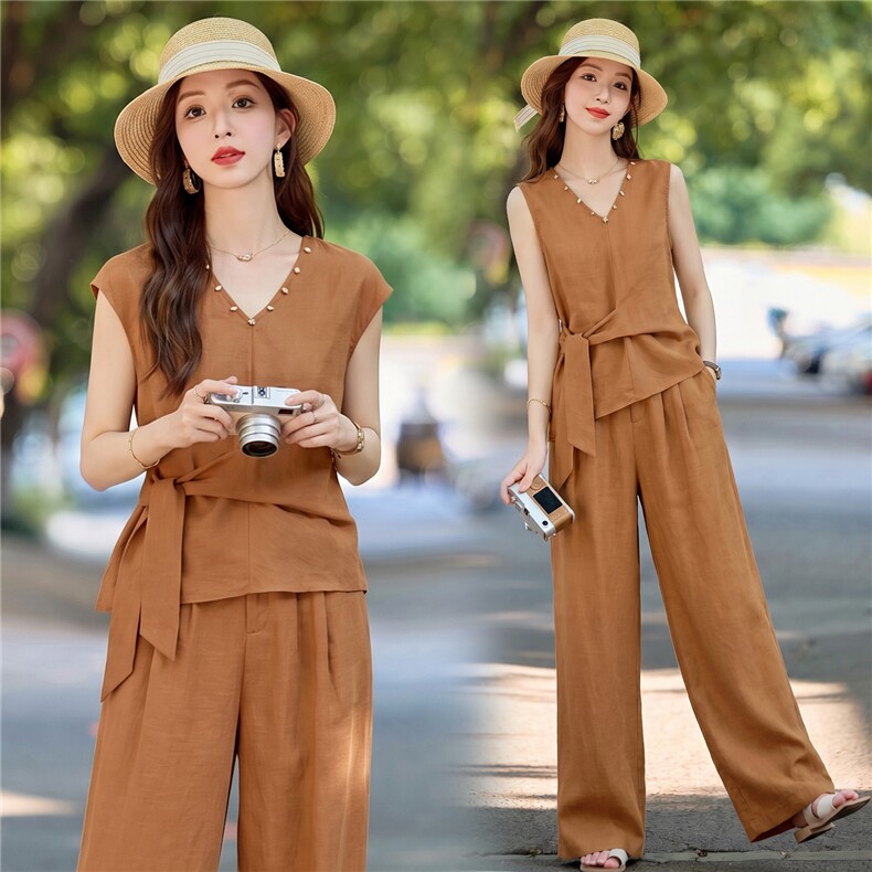 2026年夏季休闲时尚气质显瘦洋气收腰系腰带麻料两件套女，女装套装/套裙，美沁