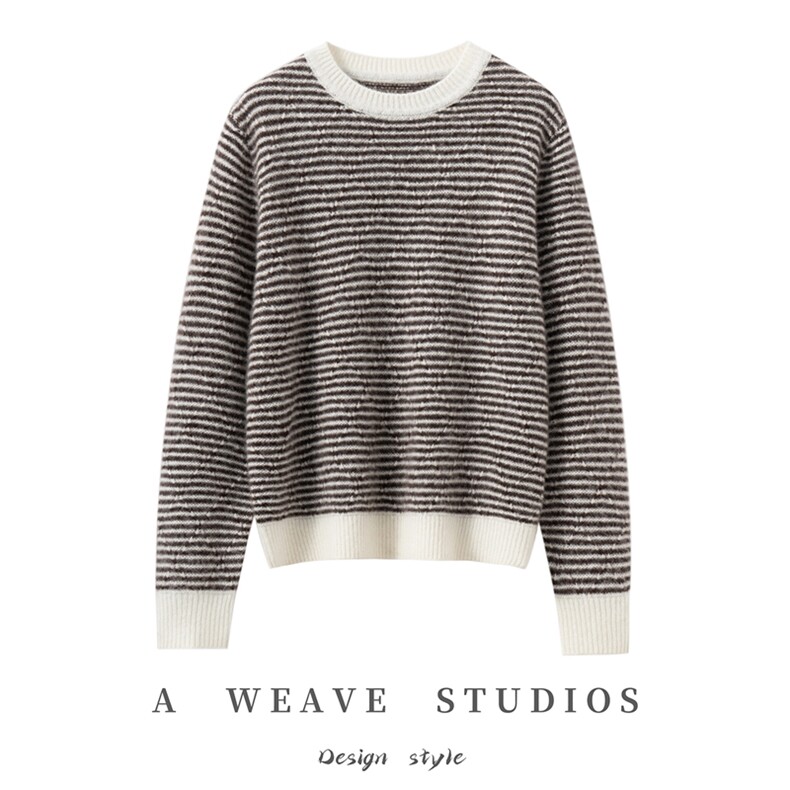 2025年秋季时尚百搭通勤简约休闲圆领条纹长袖，女装羊绒衫，臻维羊绒