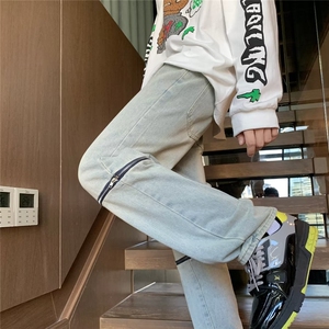 网红同款膝盖拉链破洞牛仔裤水洗高街男休闲牛仔裤 B8181 P45图片
