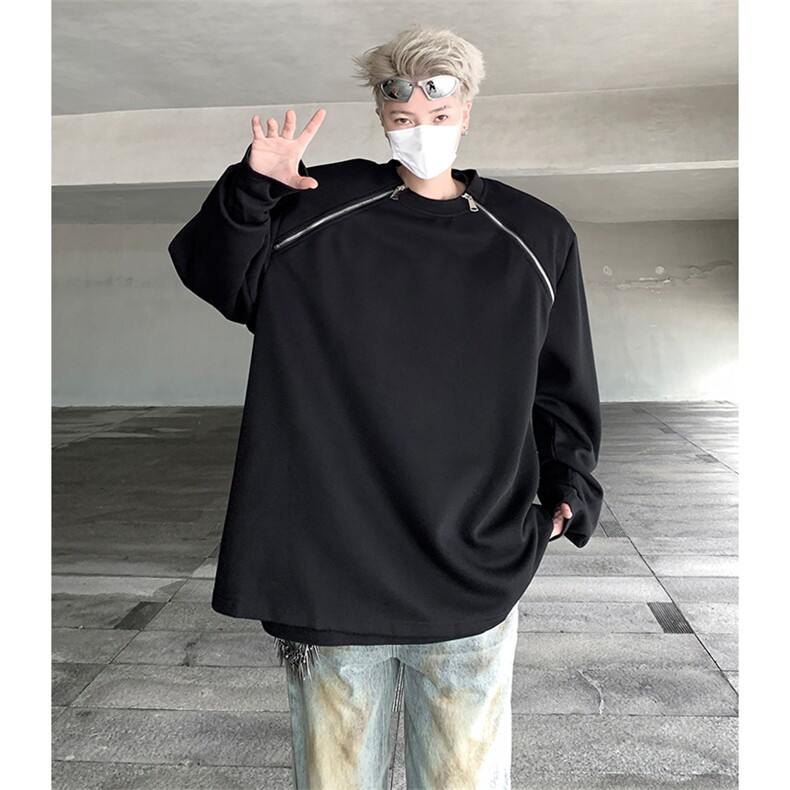 美式复古高街拉链设计感宽松垫肩圆领卫衣男女上衣-WY2412-P68,男装卫衣,电商B289