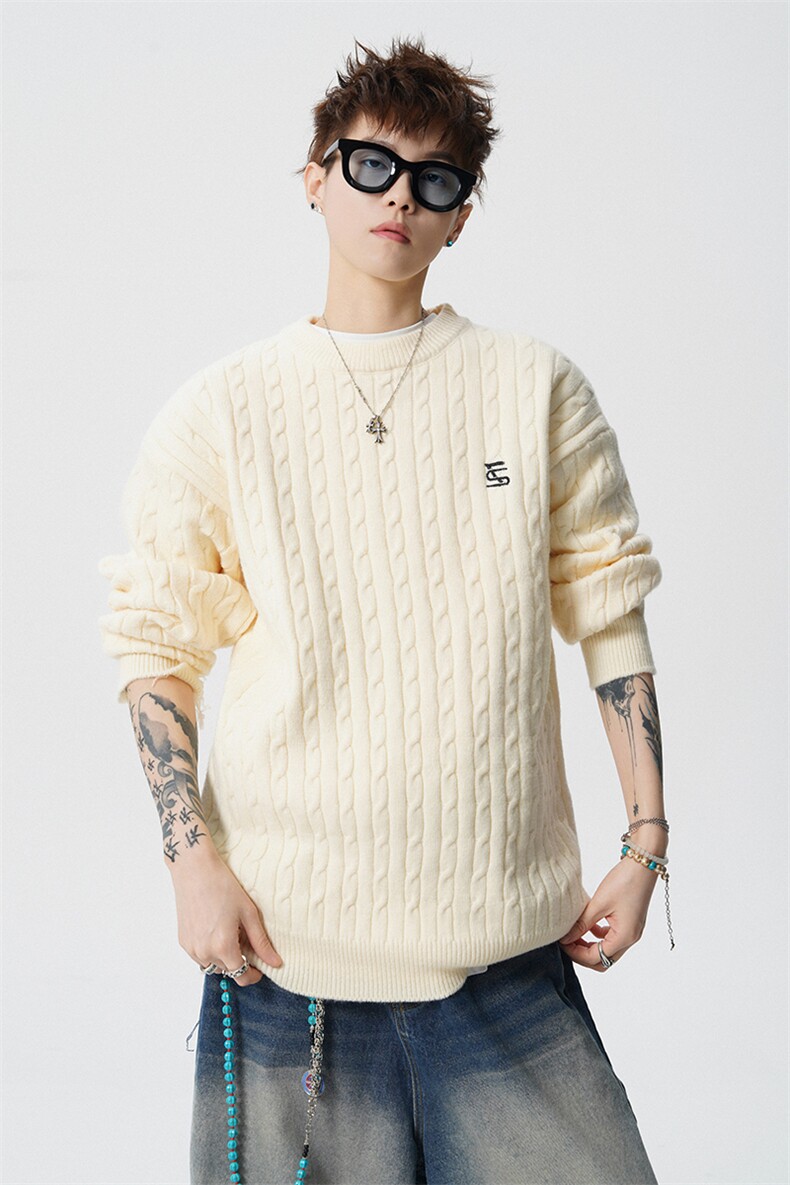 美式绞花刺绣毛衣男圆领麻花毛线衣复古针织衫外套MY1266-P68,男装针织衫/毛衣,电商D206-1