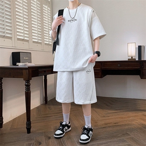 男士夏季潮牌拼接印花休闲运动五短裤套装潮流图片