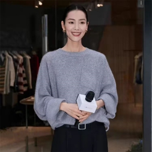 刘雯同款圆领山宽松灰色慵懒风毛衣女冬加厚设计感小众针织衫图片