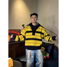 条纹连帽针织毛衣男款潮流街头时尚宽松休闲黄色帽衫M370，男装针织衫/毛衣，星座1116A（原606A-3）