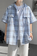 现货T10118-特批42控78活力格子衬衫男女宽松T恤短袖连帽开衫，男装T恤，电商A059
