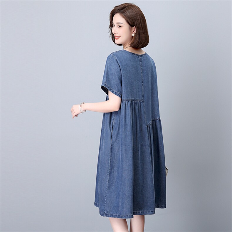 时尚显瘦牛仔连衣裙女夏季新款宽松大码短袖裙子,女装连衣裙,悦见她