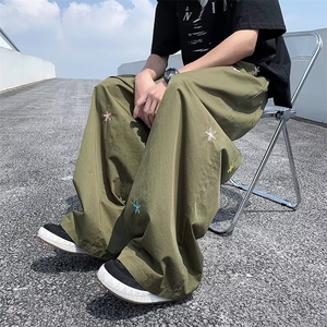 刺绣小花阔腿裤男韩版潮流高街帅气2024夏季新款ins长裤K3924-P39