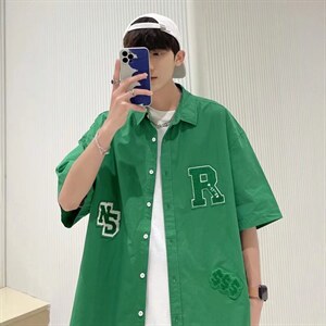 美式ins复古休闲半袖衬衣潮牌外套毛巾刺绣短袖衬衫男 W3187-P32图片
