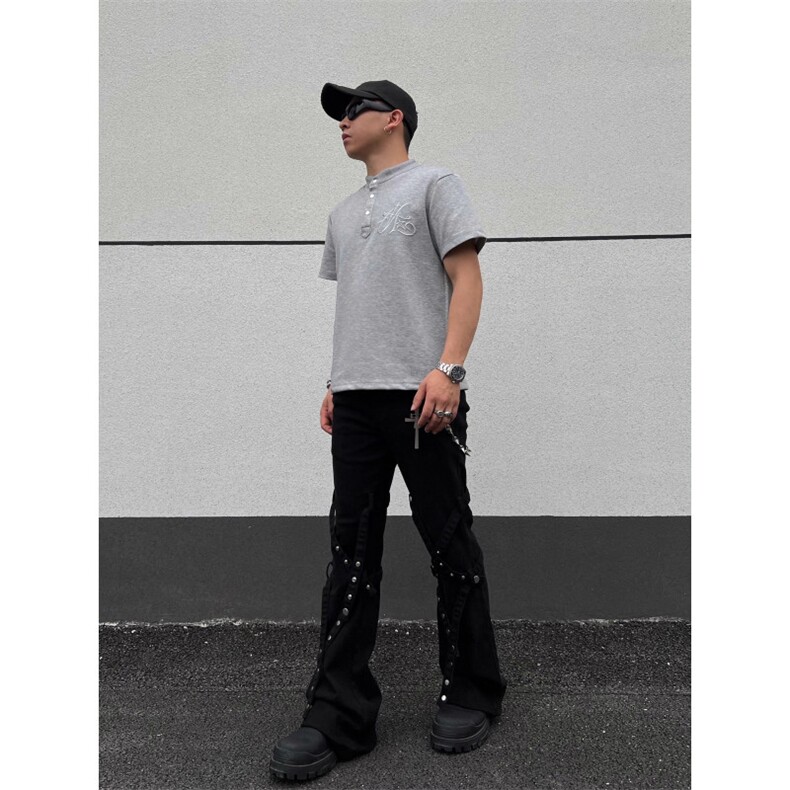 黑男美式高街纽扣绑带黑色牛仔裤小众设计感宽松直筒微喇裤子,男装牛仔裤,四季星座505