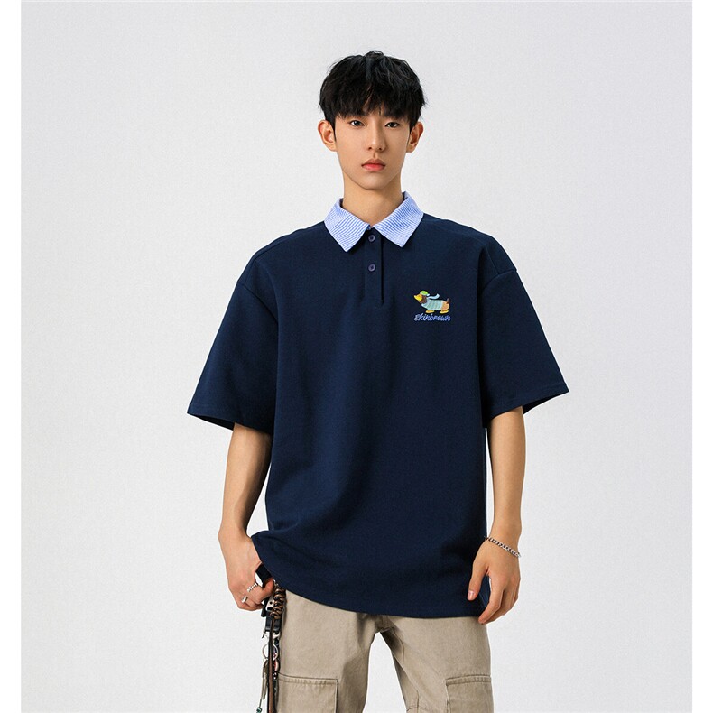 腊肠狗假两件格子领POLO衫衬衫领大码M-5XL短袖T恤男78015P48控78,男装T恤,星座226-1